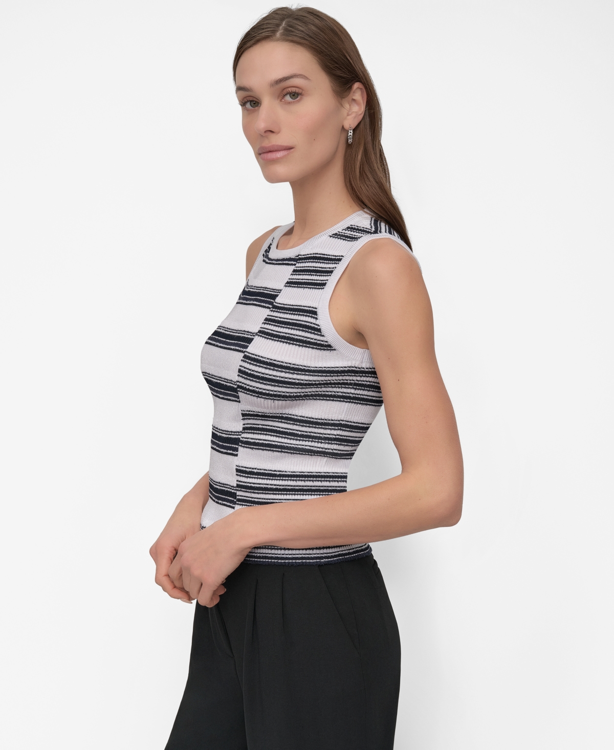 Shop Dkny Women's Striped Ribbed Knit Sleeveless Top In Navy,white
