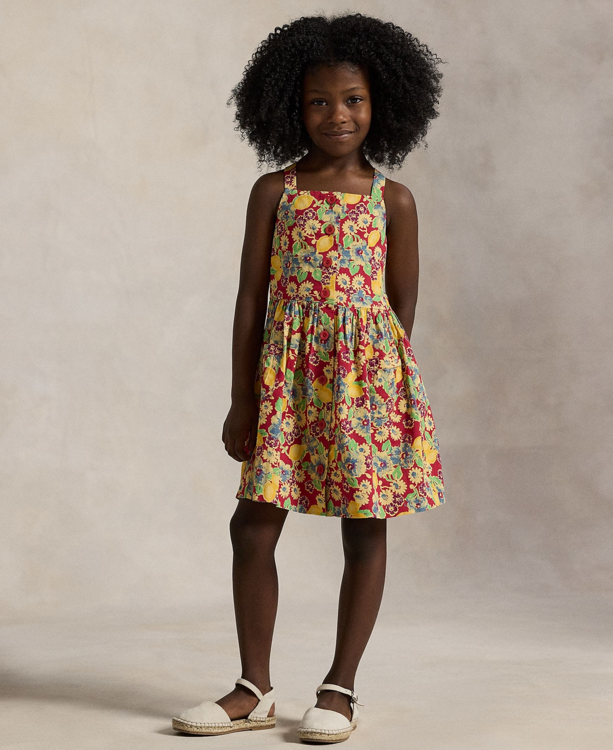 Polo Ralph Lauren Toddler And Little Girls Lemon-floral Slub Dress In Red