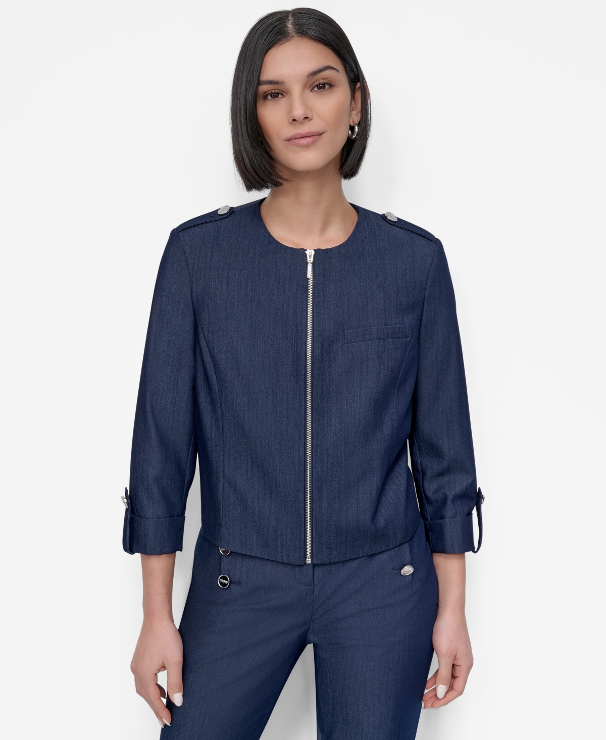DKNY WOMEN'S ROLL-TAB-SLEEVE ZIP-FRONT JACKET 