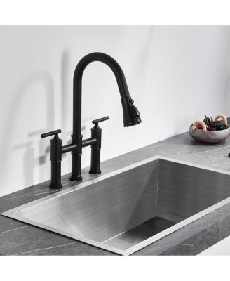 23.6" Bridge Kitchen Faucet with Pull Down Sprayer Bridge Faucet 3 Holes Double Handle Kitchen Faucet Brass Kitchen Faucets