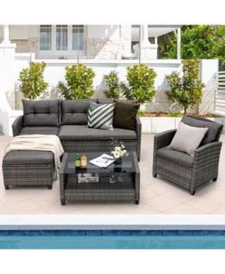 4 Piece Rattan Outdoor Conversation Sectional Sofa Set Patio Furniture Set w/ Cushions