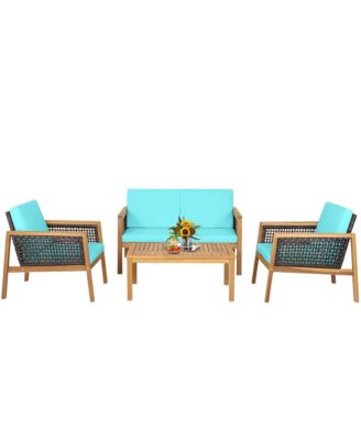 4 Piece Patio PE Rattan Conversation Set Acacia Wood Furniture Set  w/ Cushions