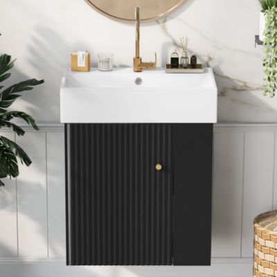 21.6inch Modern Floating Bathroom Vanity with Ceramic Basin Wave Pattern Door Side Storage Black