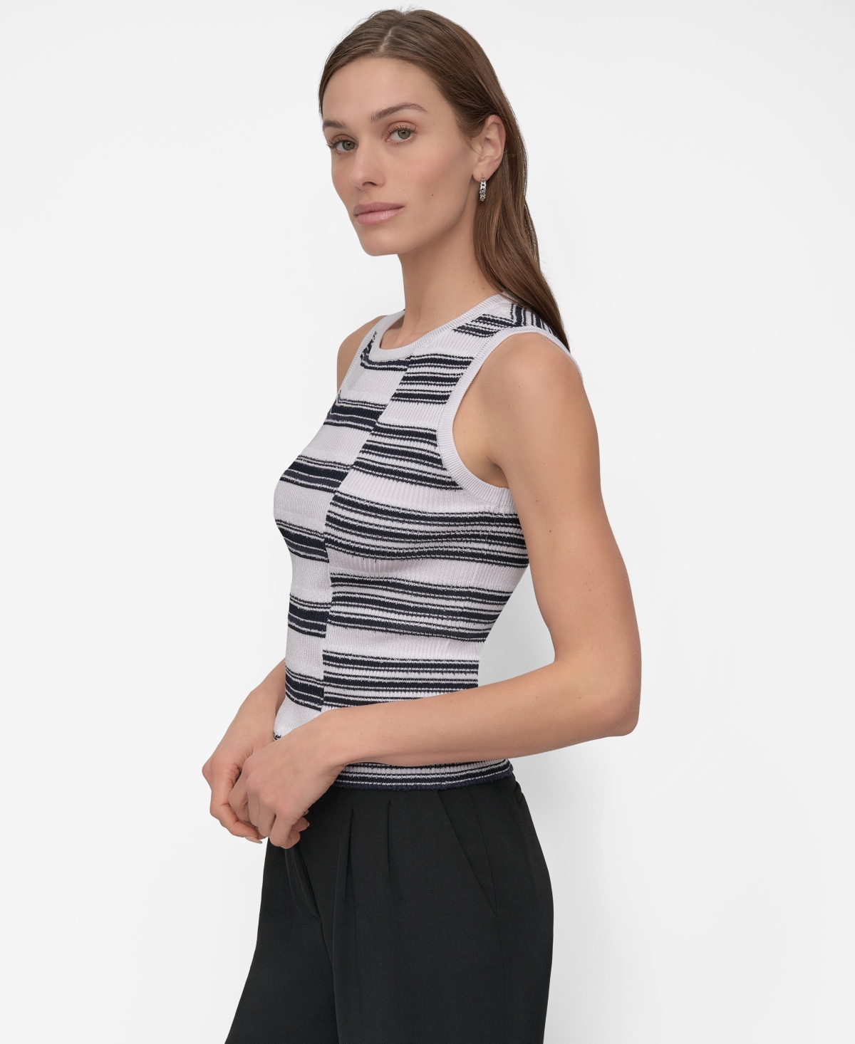 Shop Dkny Petite Striped Ribbed Knit Sleeveless Top In Navy,white Stripe