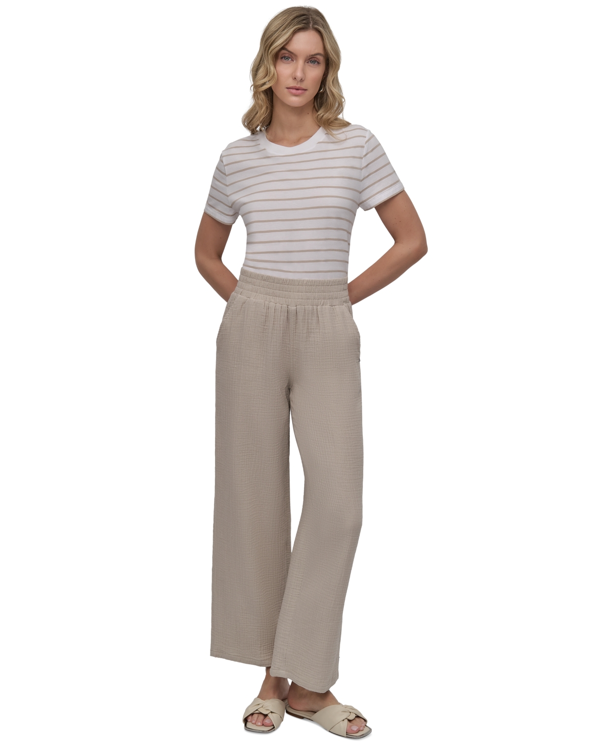 Shop Dkny Jeans Petite Cotton High-rise Smocked-waist Pants In Pebble