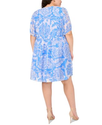 Plus Size Printed Tie-Neck Puff-Sleeve Dress