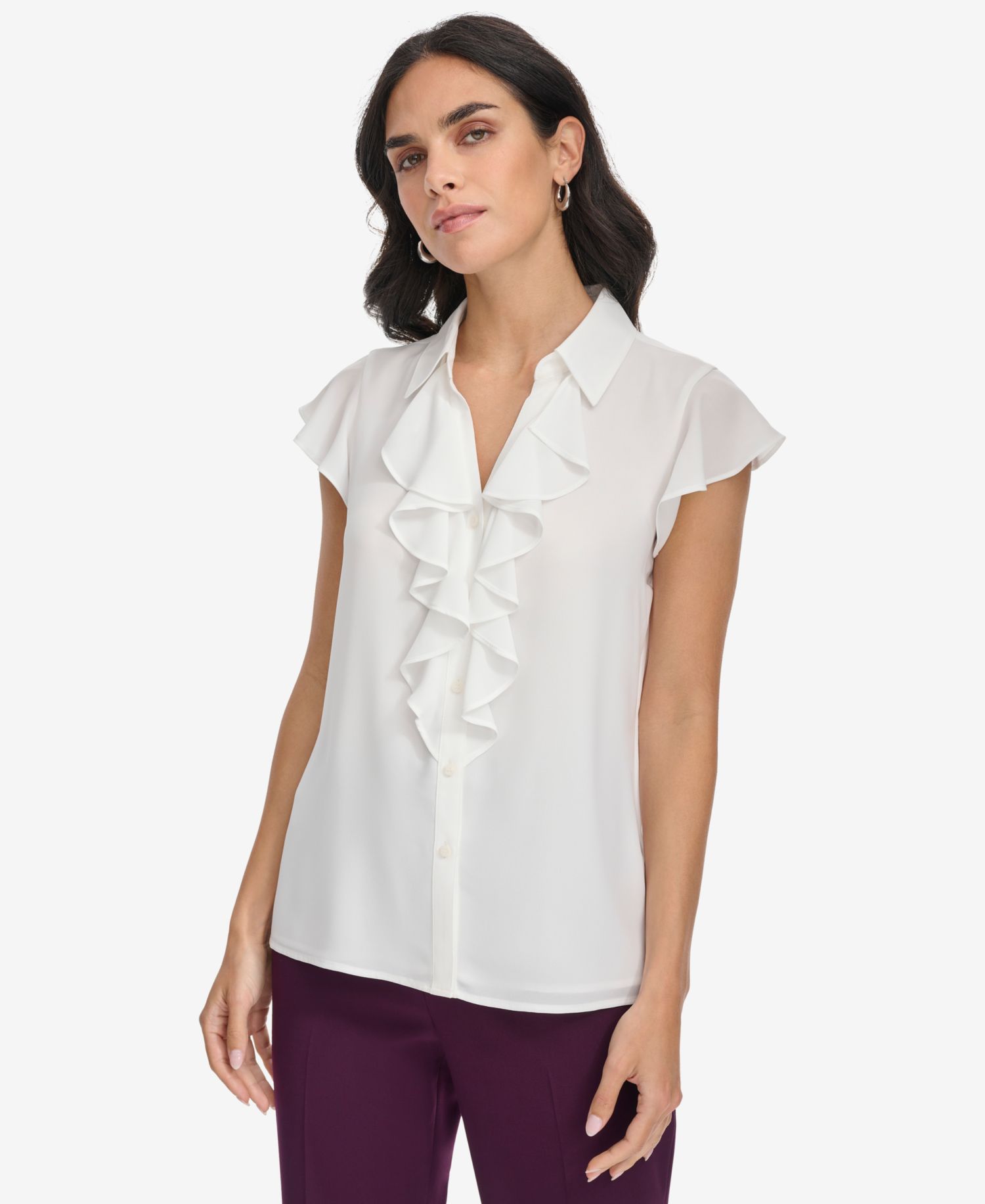 Women's Collared Ruffled Short-Sleeve Blouse