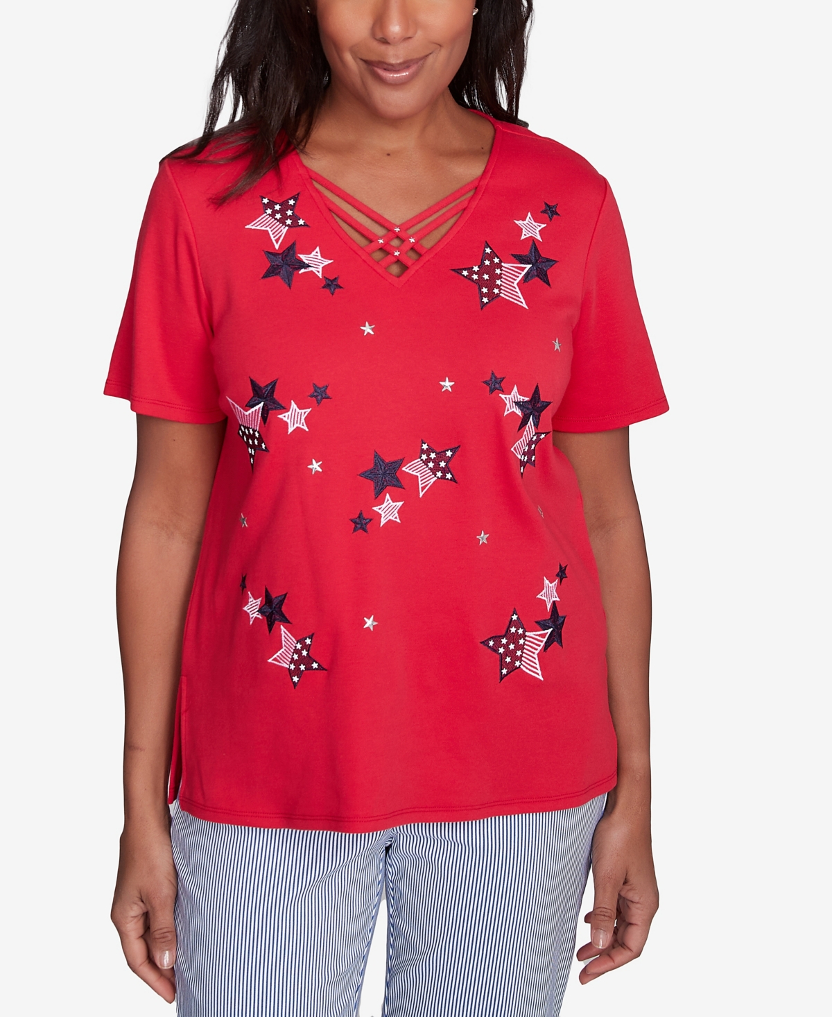 Petite Land of The Free Embroidered Stars Crisscross V-Neck Top - Red
