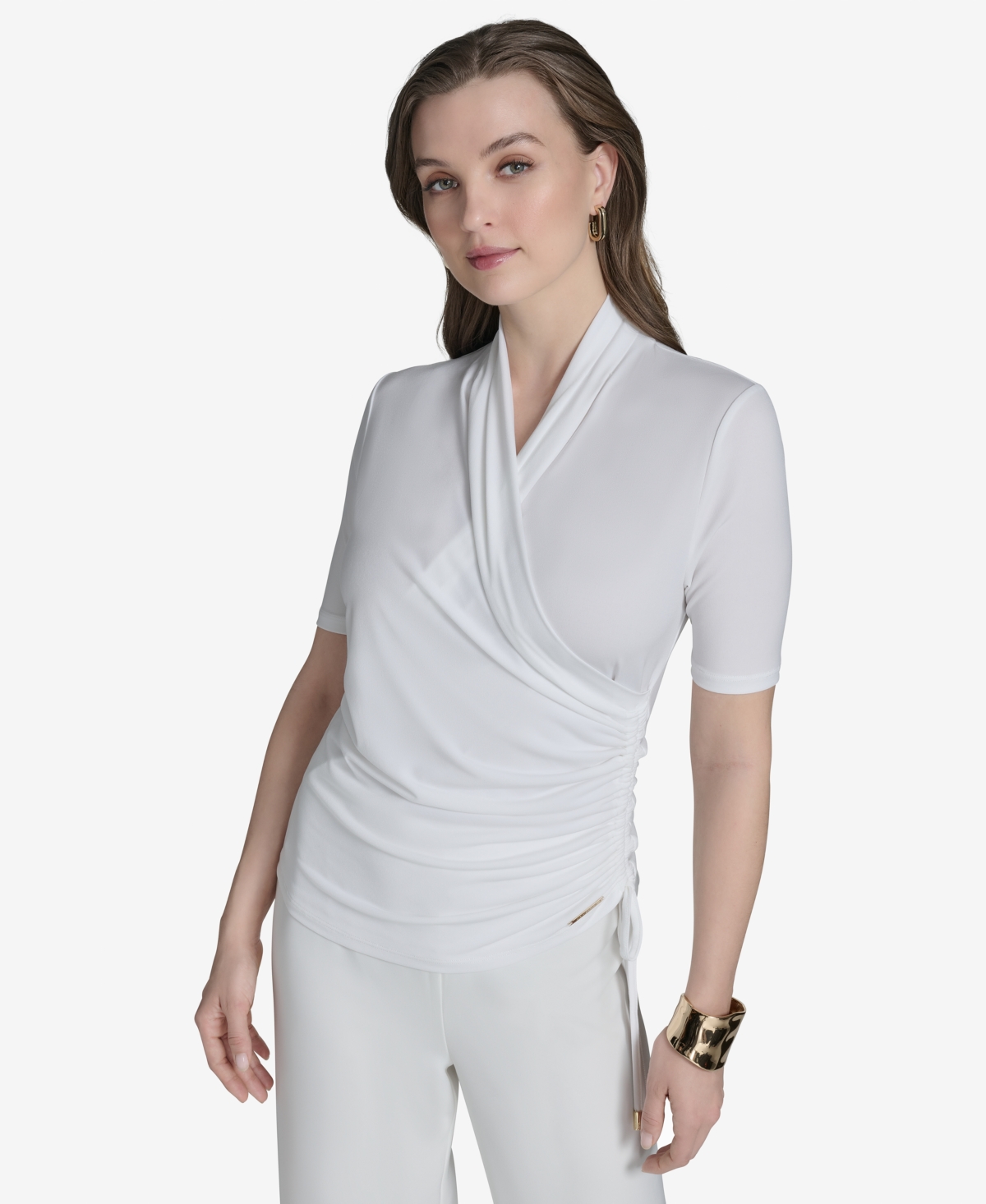 Shop Halston Women's Ruched Faux-wrap Top In White