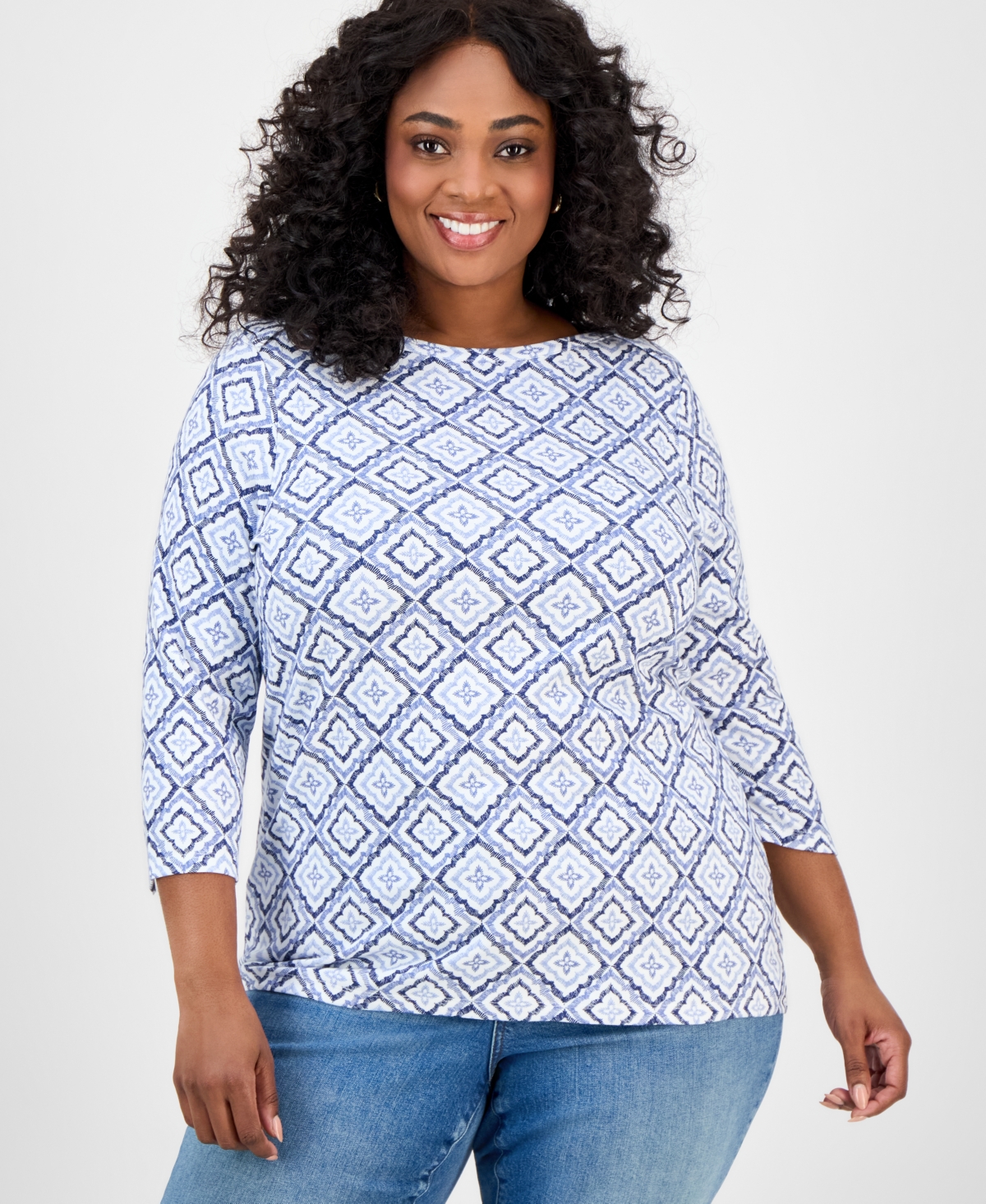 Plus Size Printed 3/4-Sleeve Knit Top, Exclusively at Macy's - Simple Rose