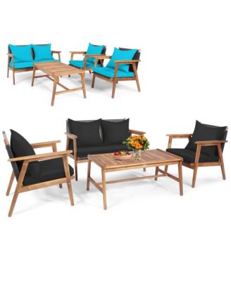 4 Piece Wood Frame Furniture Set Patio Conversation Set w/ Cushions