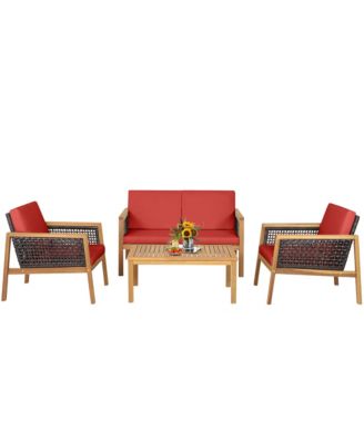 4 Piece Patio PE Rattan Conversation Set Acacia Wood Furniture Set  w/ Cushions