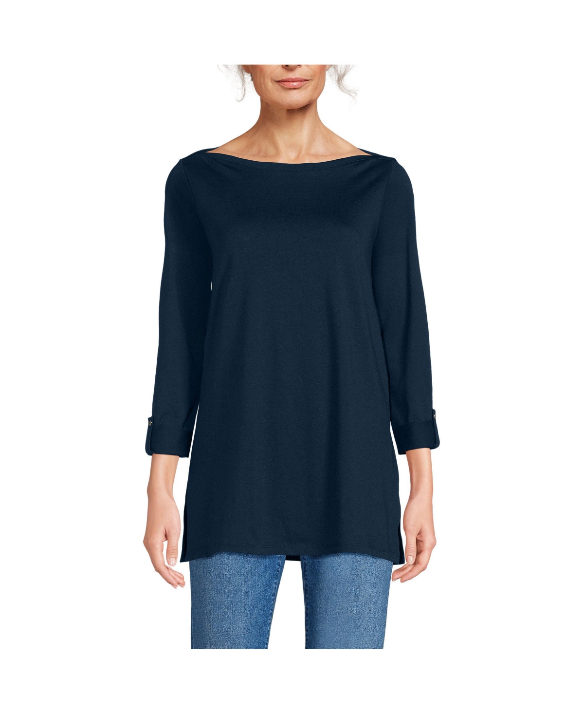 Women's Supima Cotton Adjustable 3/4 Sleeve Boatneck Tunic - Champagne/ivory breton stripe