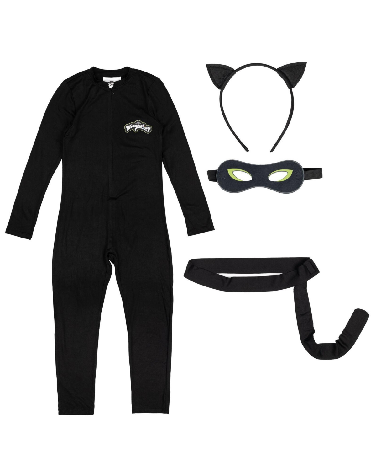 Miraculous Cat Noir Zip Up Cosplay Costume Coverall Tail Mask and Headband 4 Piece Set