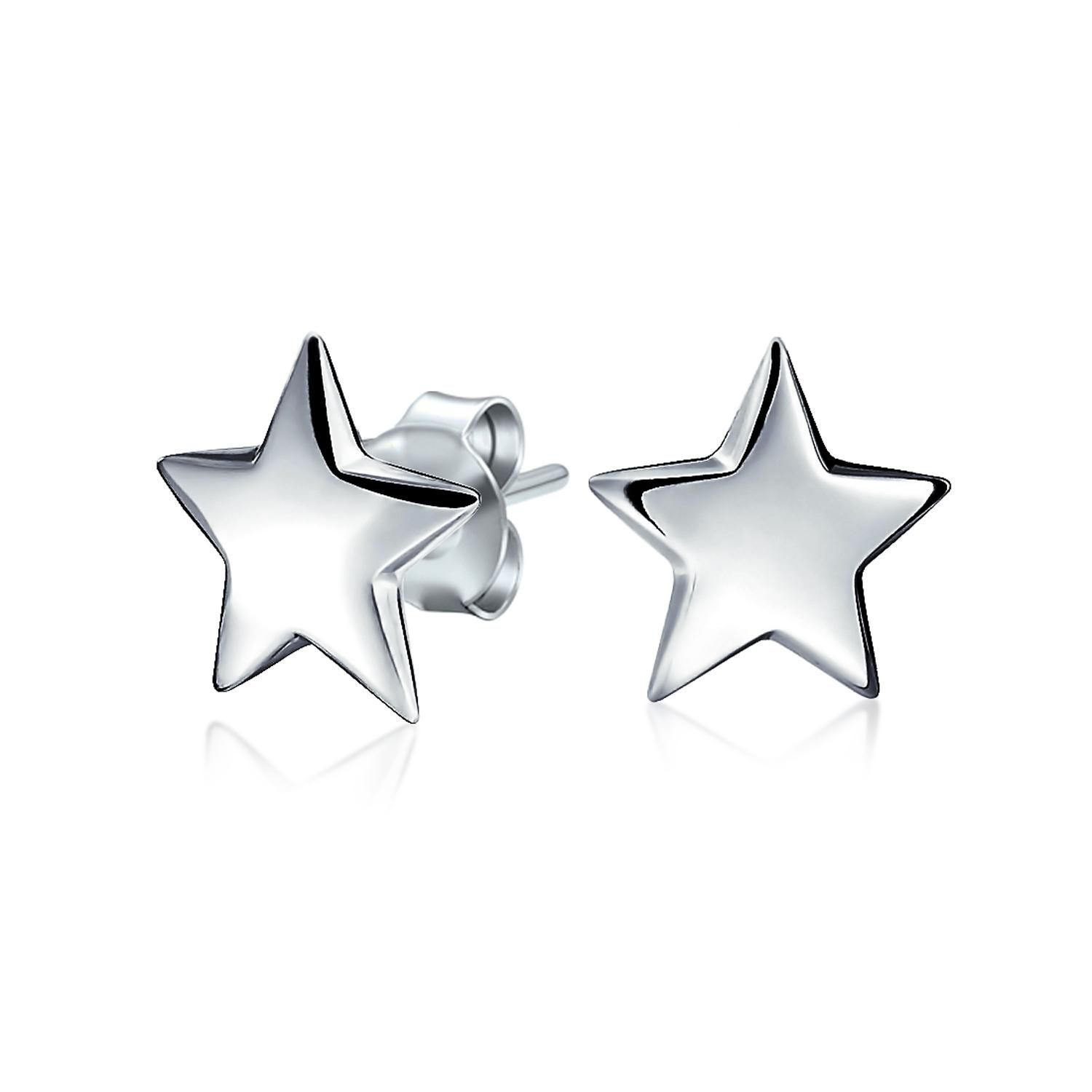 Patriotic Celestial Rock Puff Star Stud Earrings .925 Sterling Silver