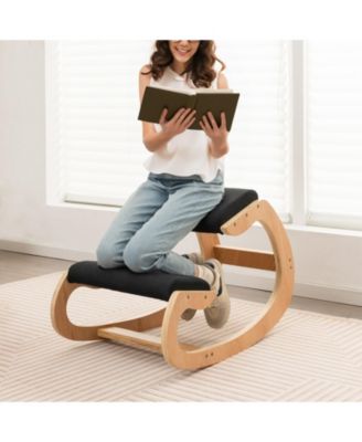 Wooden Rocking Chair with Comfortable Padded Seat Cushion and Knee Support