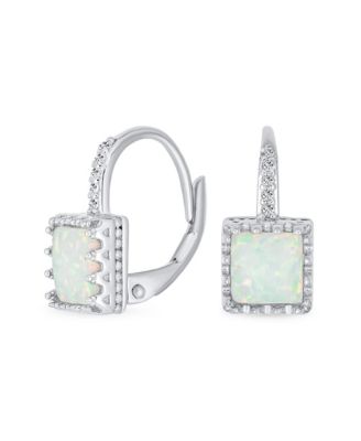 Art Deco Style Antique Filigree Royal Crown Setting Square Solitaire Fire Orange Created Opal Drop Earrings Gold Plated Silver