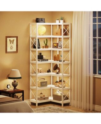 7 Shelf Corner Bookcase, Industrial Large Corner Bookshelf with Metal Frame