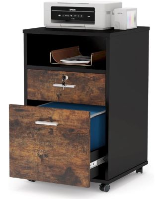 Mobile File Cabinet with Lock, 2 Drawer Wood Filing Cabinet for Letter Size, Modern Printer Stand with Rolling Wheels Open Storage Shelf for Home Office