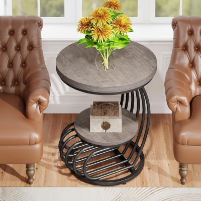 Round End Table: 2 Tiers Faux Marble Side Table, Bedside Nightstand, Metal Arc-Shaped Frame Accent Table
