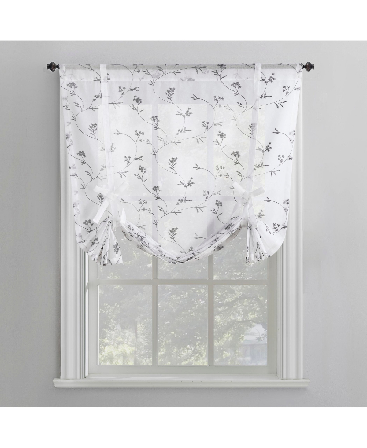 Bridget Embroidered Leaf Sheer Rod Pocket Window Tie-up Shade - White