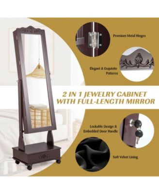 Rolling Floor Standing Mirrored Jewelry Armoire with Lock and Drawers