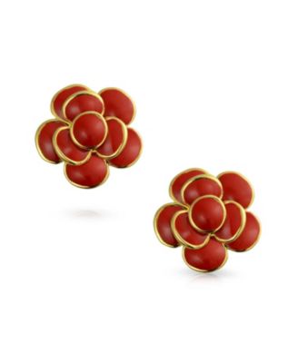 3D Rose Flower Spring Retro Enamel Button Style Stud Earrings Gold Plated Brass