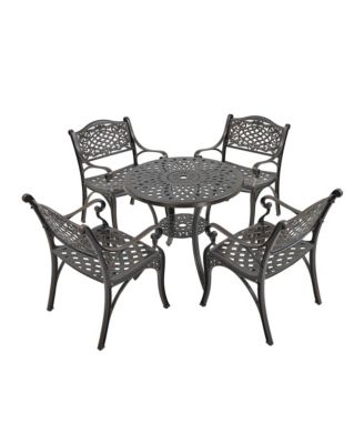 5-Piece Cast Aluminum Outdoor Dining Set Patio Table with Umbrella Hole Patio Dining Chairs in Bronze