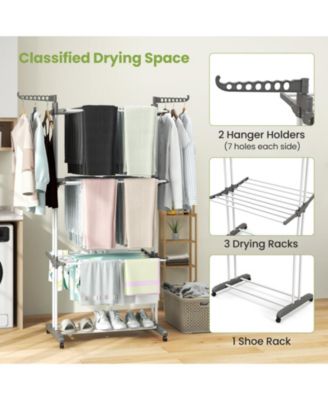 Foldable Clothes Drying Rack, Oversized 4-Tier Collapsible Laundry Rack w/ 3 Retractable Trays, Hanger Holders