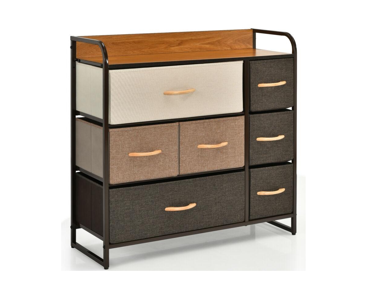 7 Drawer Tower Steel Frame and Wooden Top Dresser Storage Chest for Bedroom - Brown