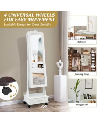 Rolling Floor Standing Mirrored Jewelry Armoire with Lock and Drawers