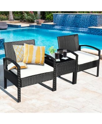 3 Piece Patio Rattan Furniture Set Conversation Sofa w/ Cushions