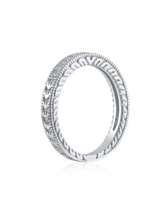 Pave CZ Cubic Zirconia Thin  Band Ring Etched Milgrain .925 Sterling Silver