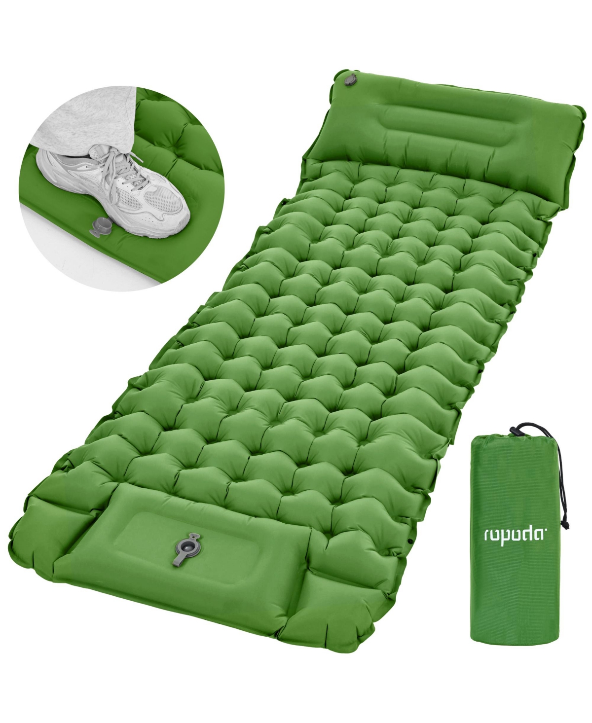 Extra Thick Inflatable Sleeping Pad with Pillow, Camping Pad with Carrying Bag - Green