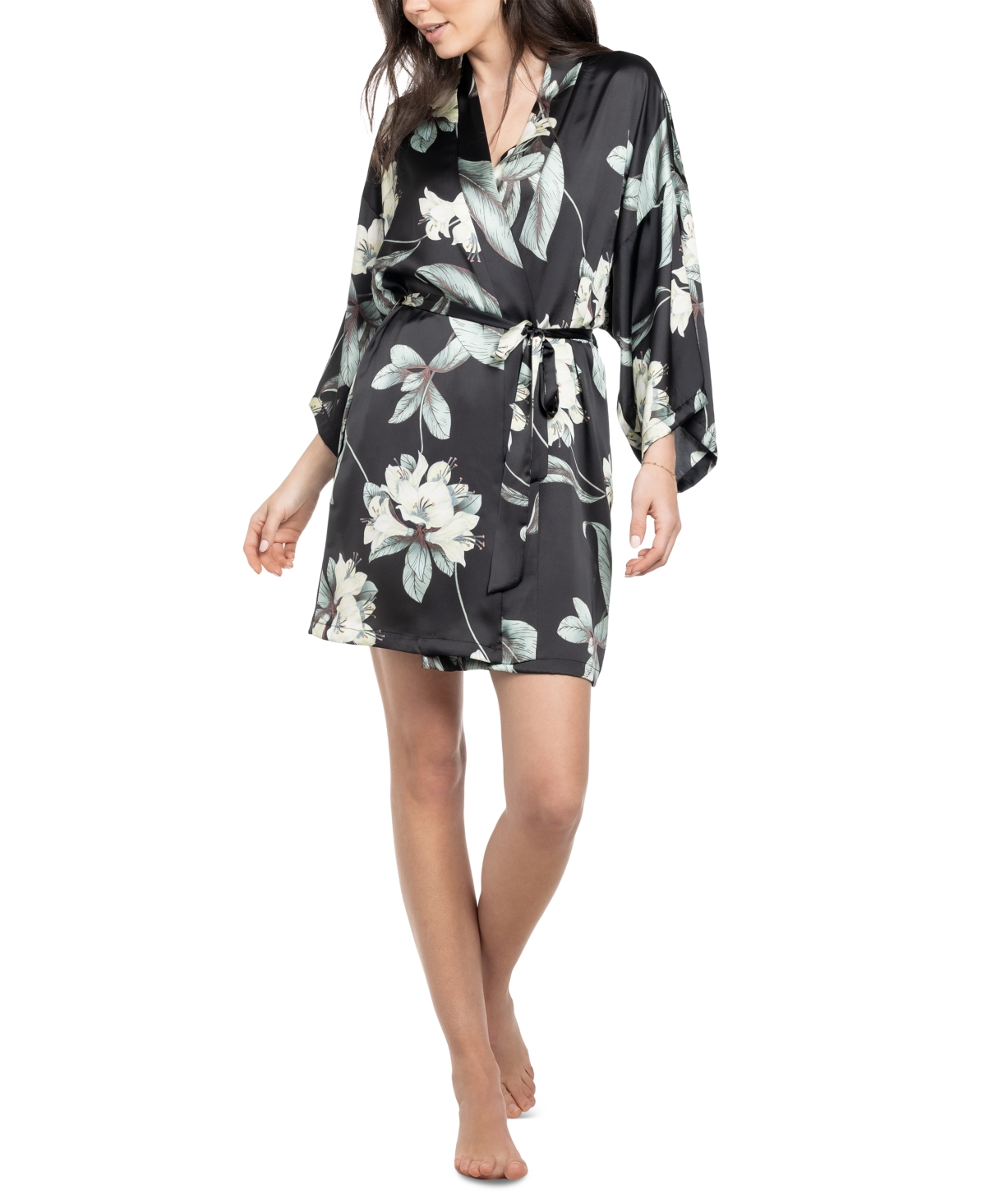 Midnight Bakery Women's Cosmica Satin Floral Wrap Robe In Black