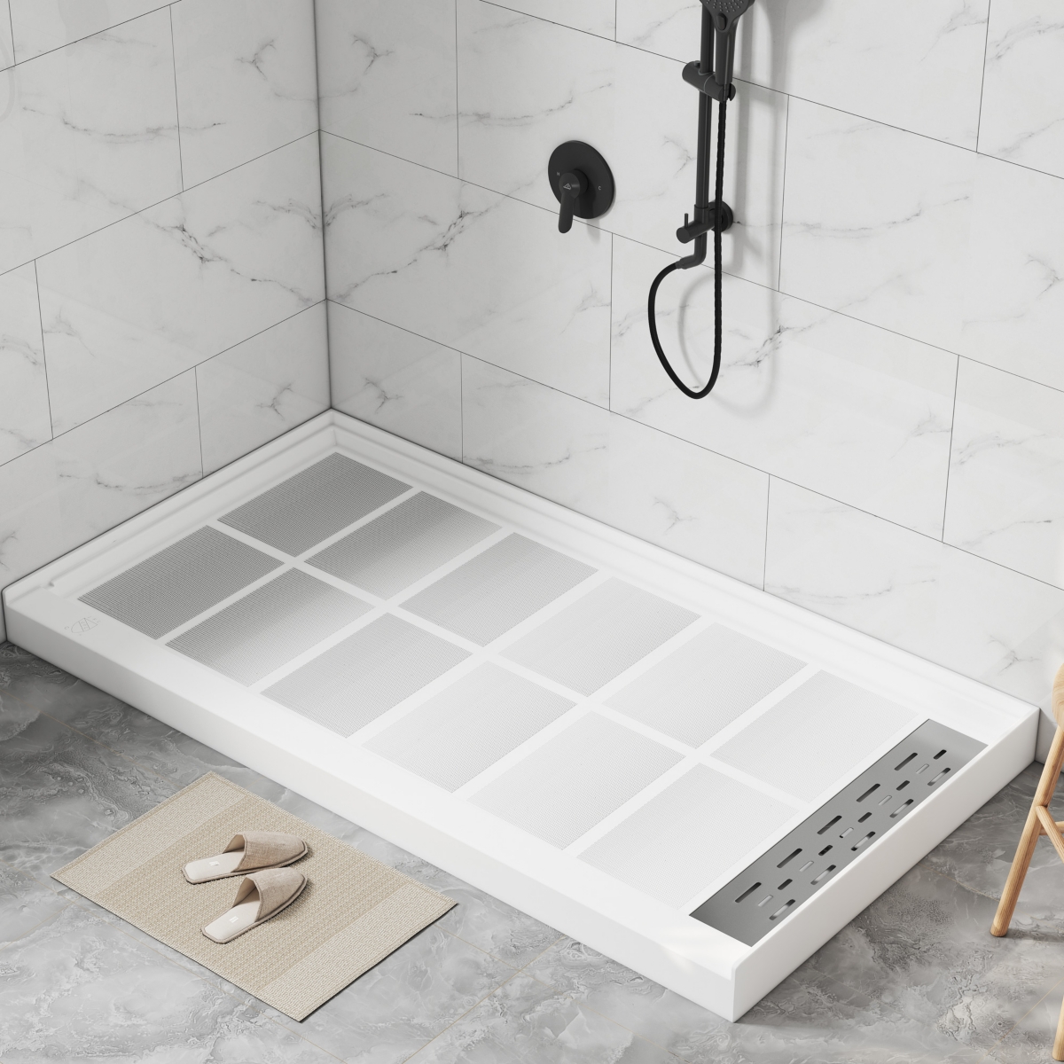 60"W X 32"D Solid Surface Single Threshold Shower Base Anti-Slip Shower Pan, Drain Assembly & Drain Cover Included - White