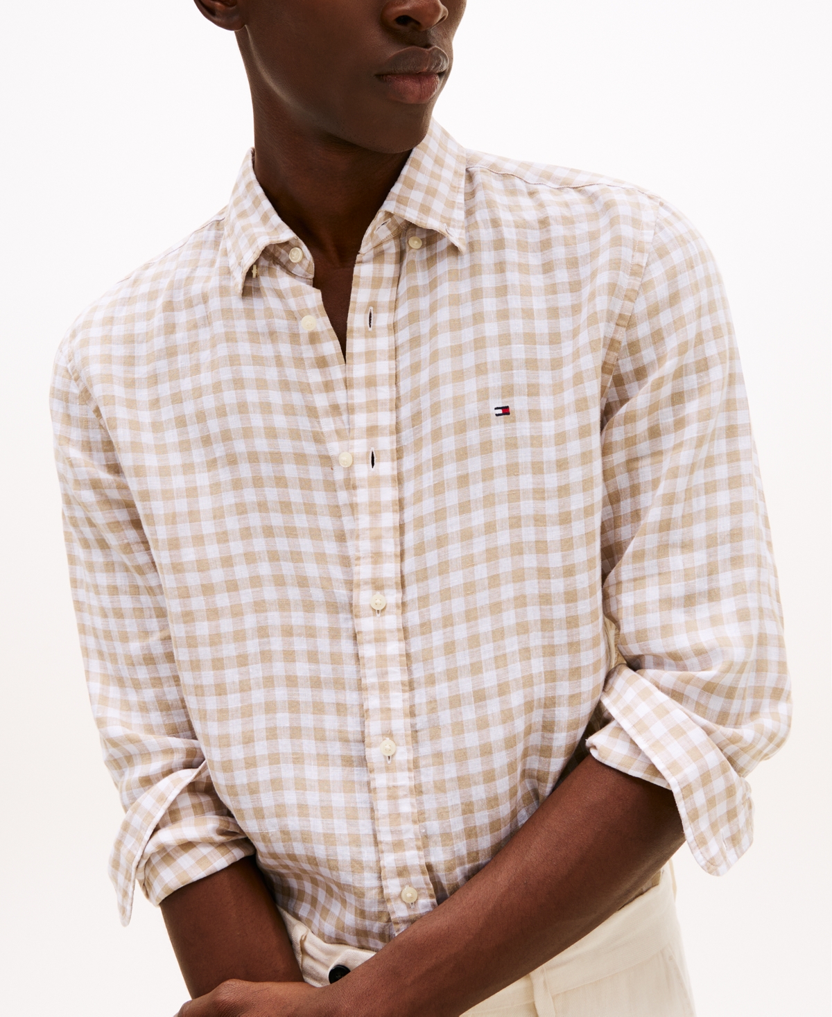 Tommy Hilfiger Slim Fit Gingham Print Linen Shirt In Sandalwood,check