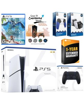 Playstation 5 Slim Disc with Horizon Forbidden West, Extra White Controller, Trigger Stop Kit, Charge Dock and MightySkins Decal Voucher + 1 Year