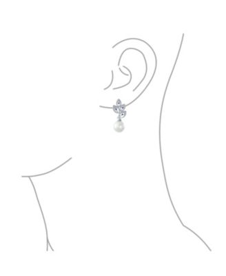 Statement Pave CZ Cubic Zirconia Leaf White Simulated Pearl Drop Earrings Silver Plated
