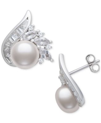 Cultured Freshwater Pearl (8-9mm) & Lab Created White Sapphire (2 ct. t.w.) Mixed Cut Swirl Stud Earrings in Sterling Silver
