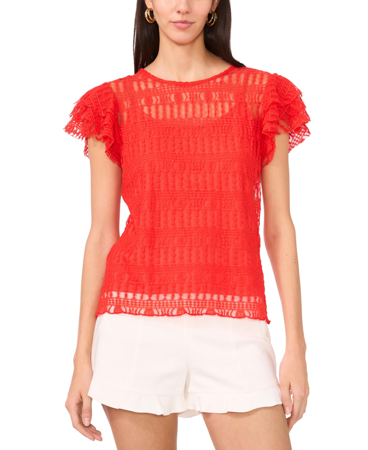Vince Camuto Ruffle Sleeve Textured Mesh Top In Cayenne