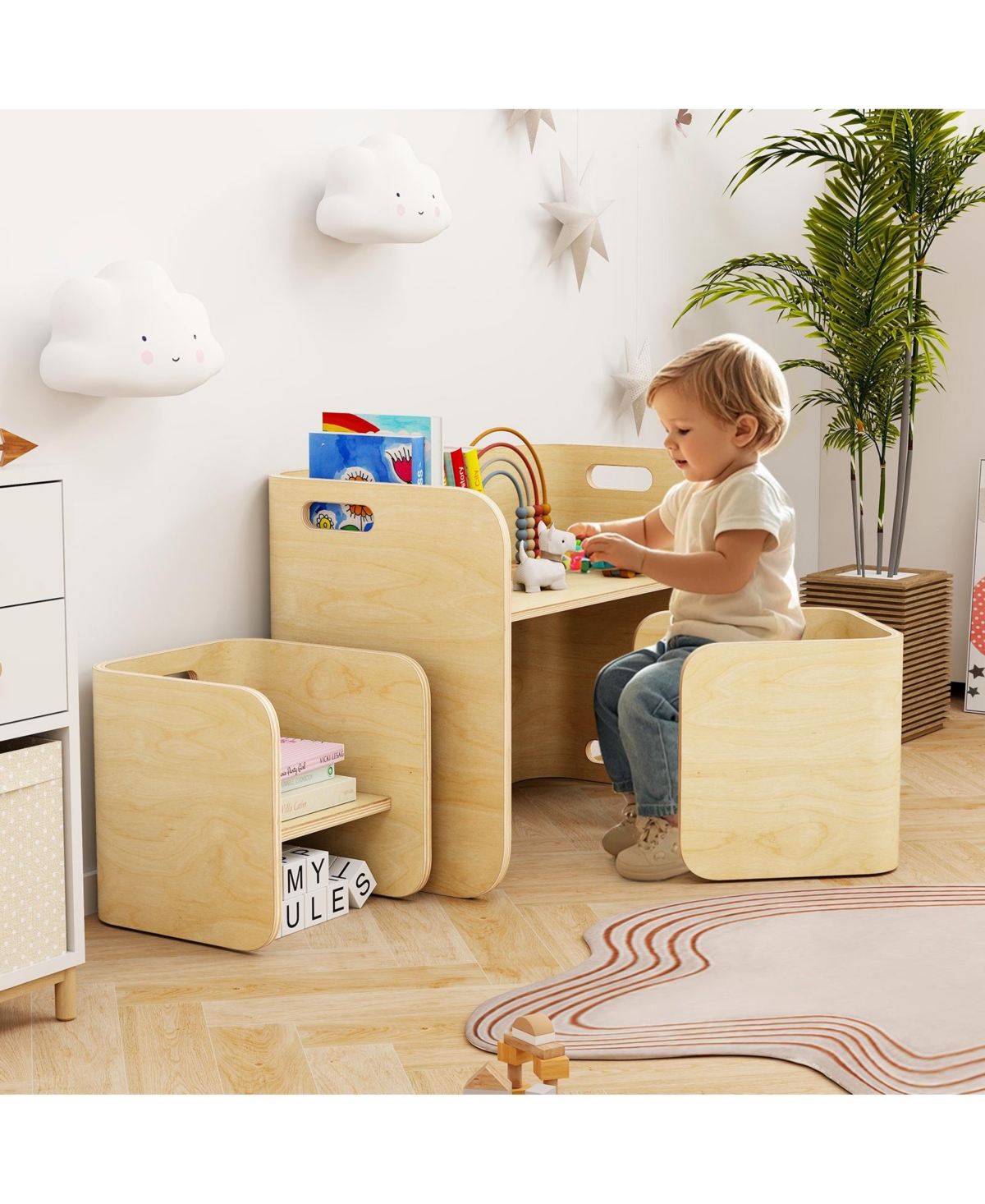 3 Pieces Kids Wooden Table and Chair Set