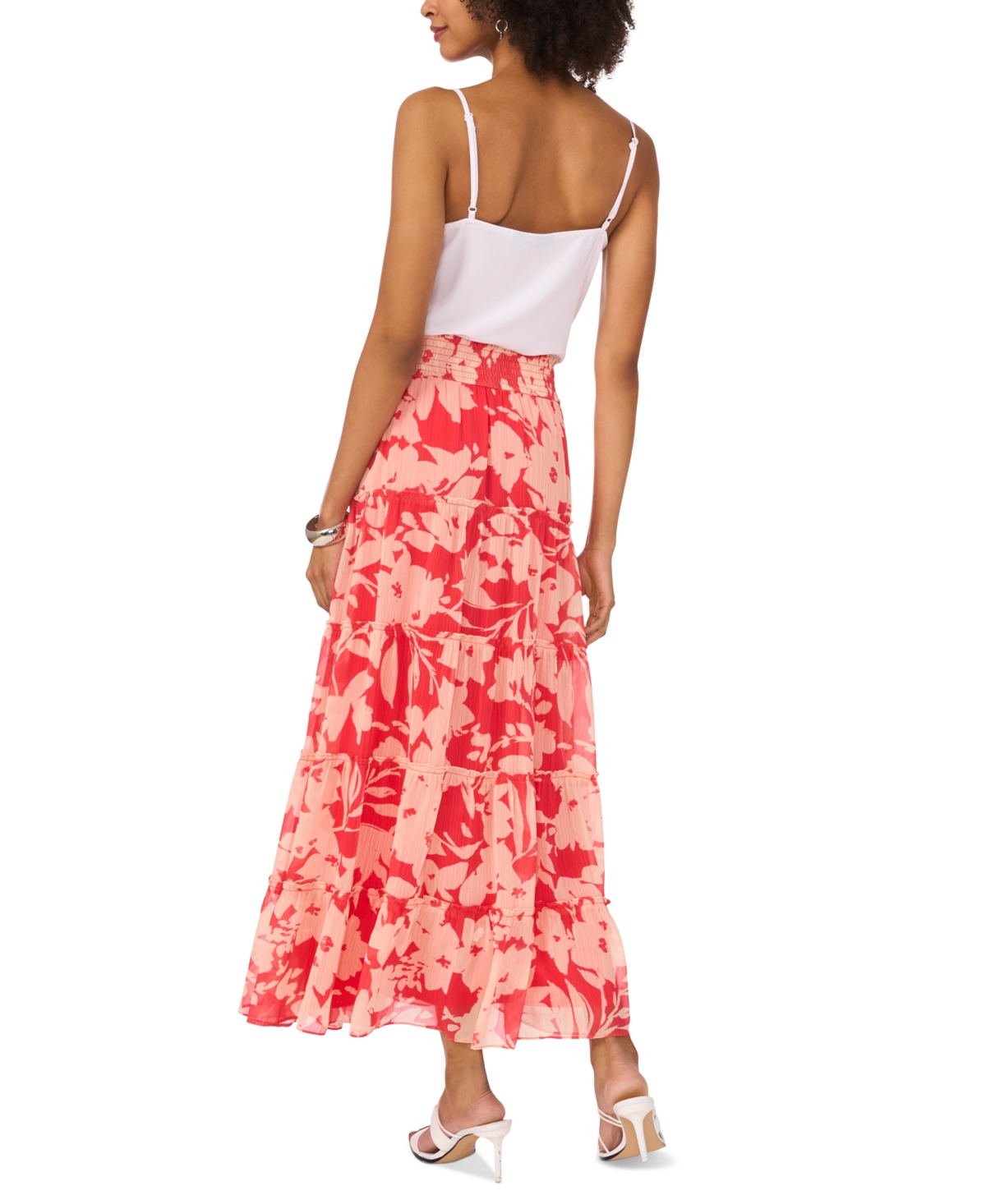 Vince Camuto Floral Tiered Smocked Waist Maxi Skirt In Cayenne