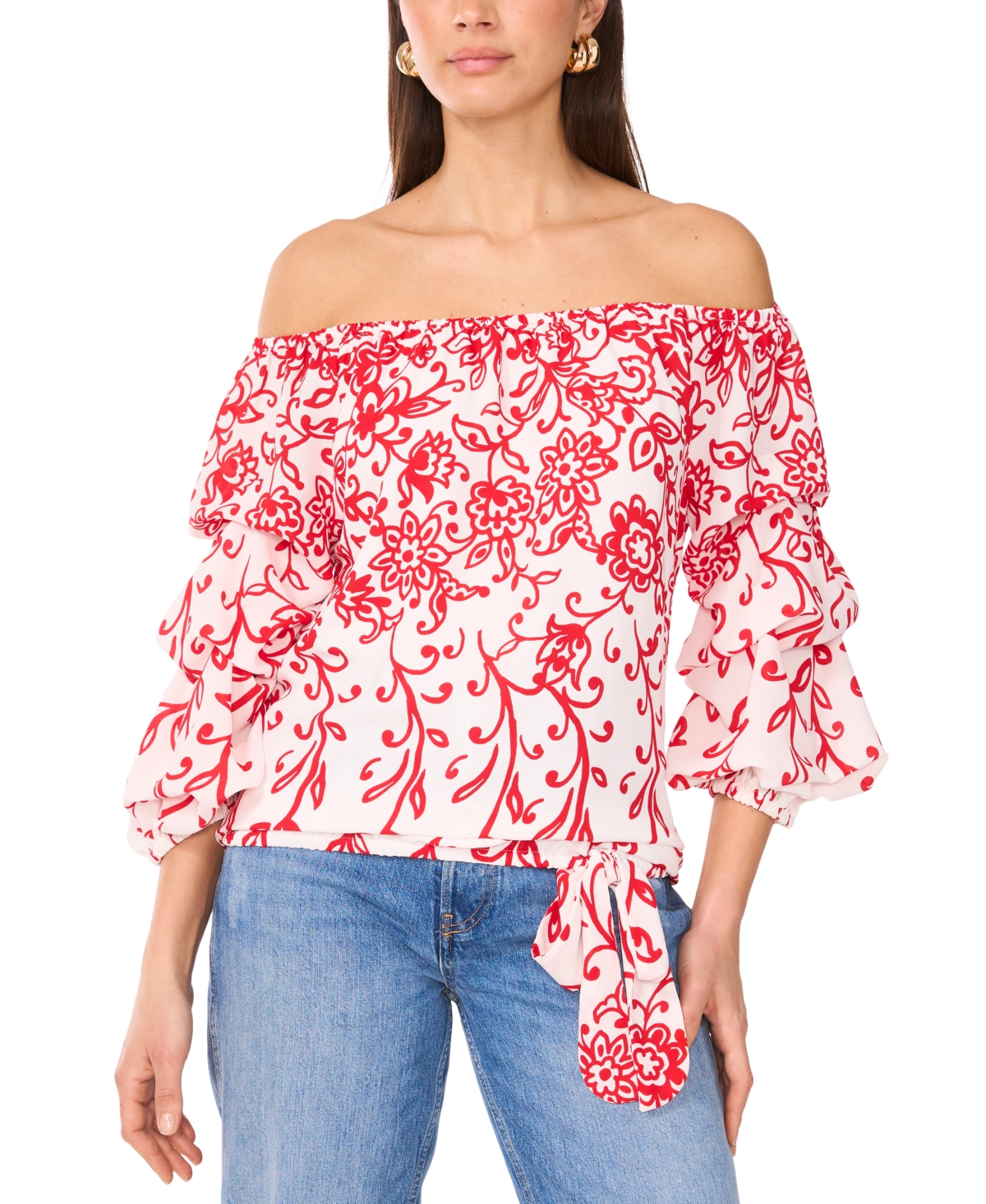 Shop Vince Camuto Women's Floral Off The Shoulder Bubble Sleeve Tie Front Blouse In Ultra Red