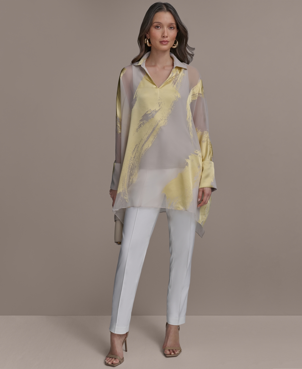 Donna Karan Womens Brushstroke Burnout Tunic Slim Leg Pants In Tuscan Grey,panna Cotta