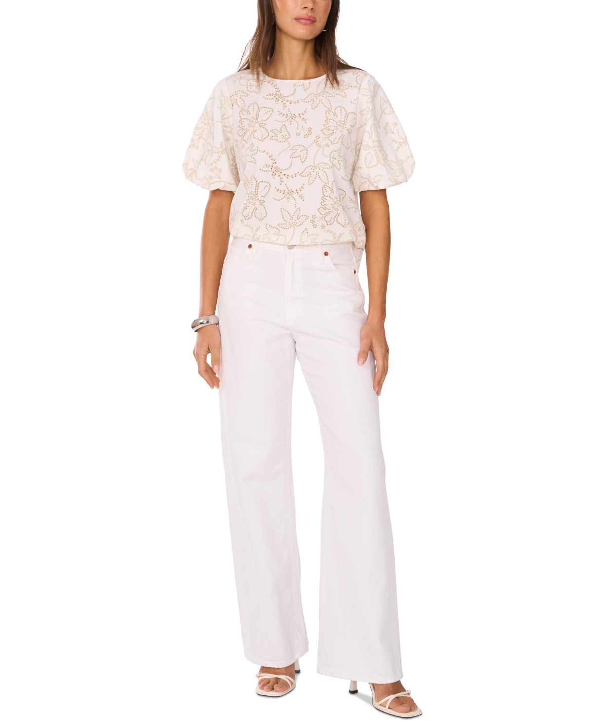 Vince Camuto Floral Eyelet Puff Sleeve Cotton Top In Ultra White