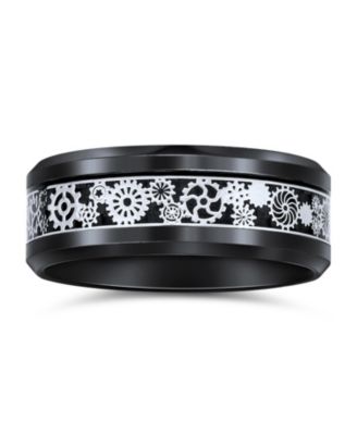 Steampunk Gear Wheel Silver Black Plated Titanium Ring Band Carbon Fiber Inlay Beveled Edges Comfort Fit