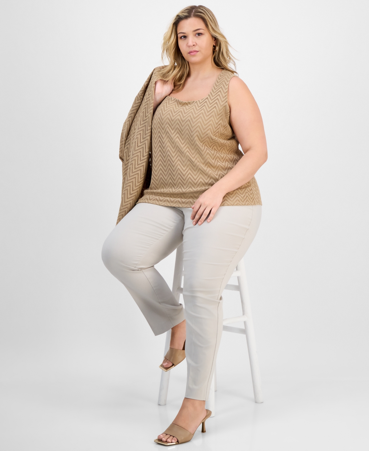 Kasper Plus Size Herringbone Knit Square-neck Tank Top