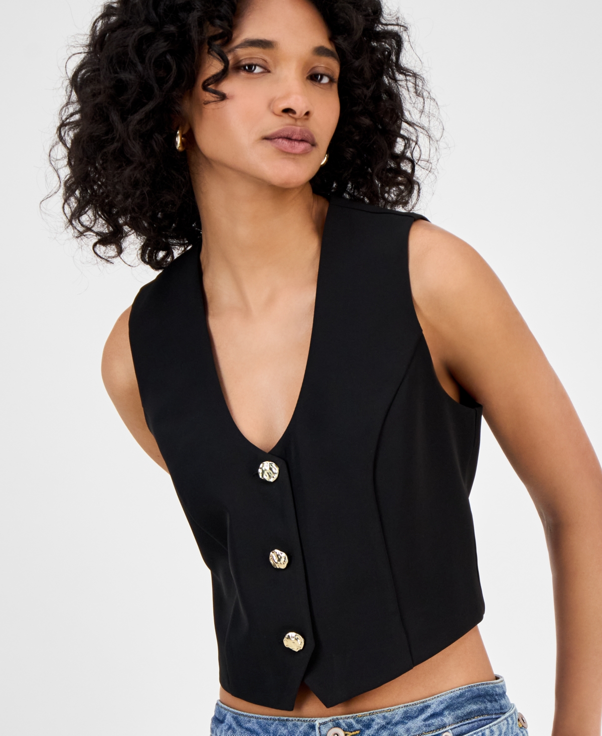 Women's V-Neck Button-Front Sleeveless Vest, Exclusively at Macy's - Ivory Cloud