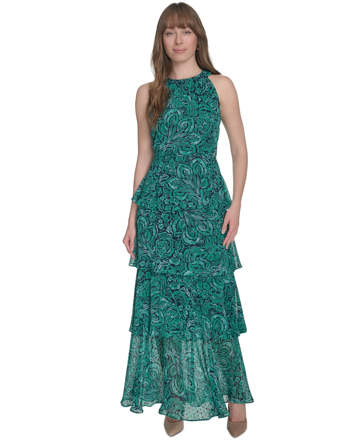 Tommy Hilfiger Women's Floral-print Halter-neck Tiered Sleeveless Dress In Parakeet Multi